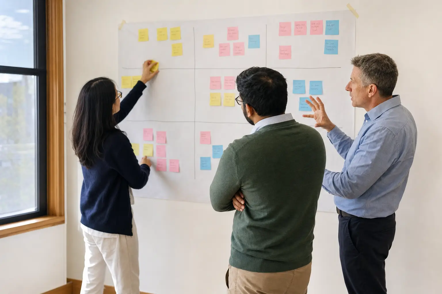 A leadership team mapping their business model onto a nine-panel canvas on the wall