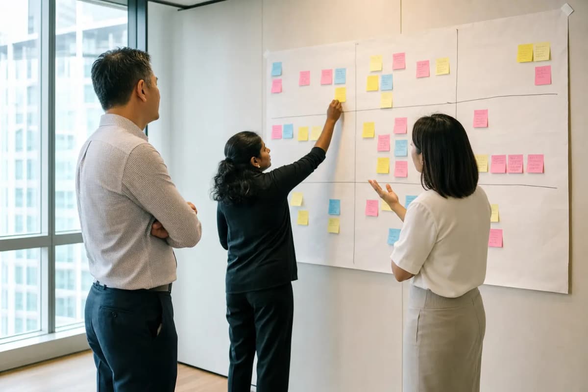 A leadership team mapping their business model onto a nine-panel canvas on the wall