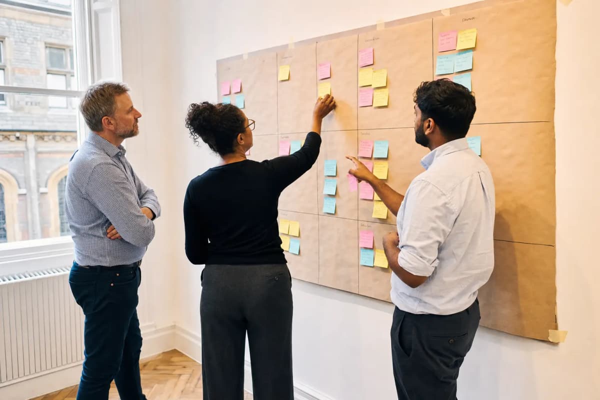A leadership team mapping their business model onto a nine-panel canvas on the wall