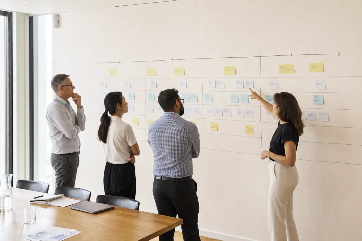 Four colleagues at a wall-sized roadmap, arguing about what belongs in which quarter