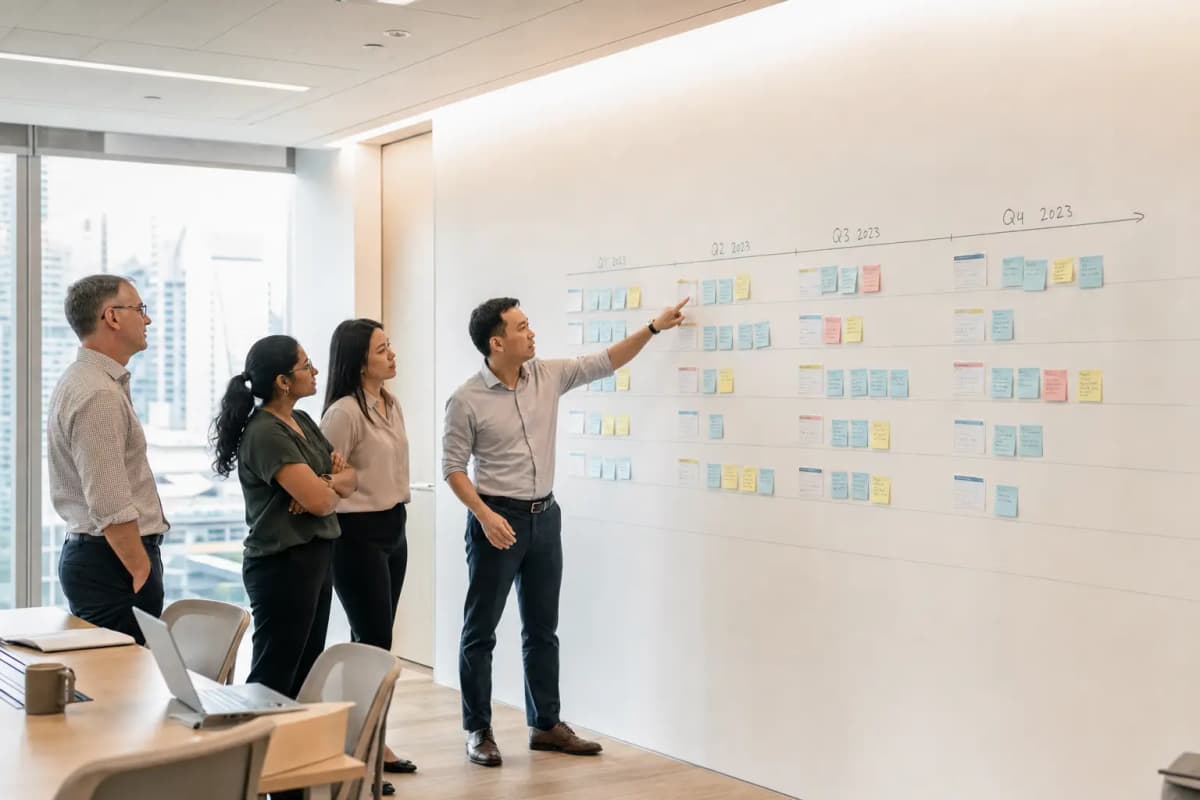 Four colleagues at a wall-sized roadmap, arguing about what belongs in which quarter