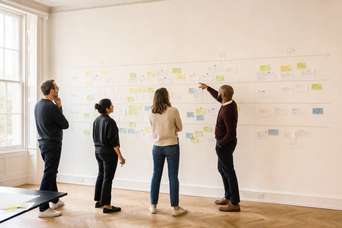 Four colleagues at a wall-sized roadmap, arguing about what belongs in which quarter