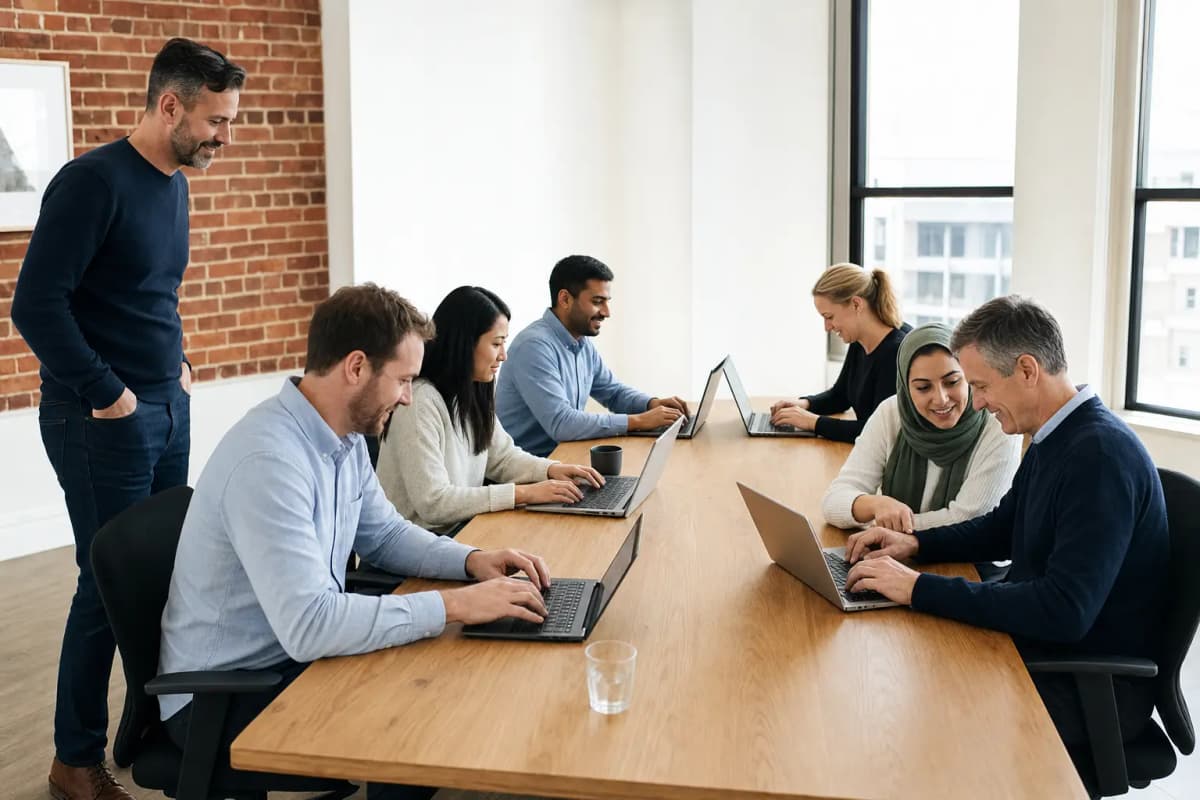 A facilitator watches a team work through a hands-on AI session on laptops around a long table in a bright office