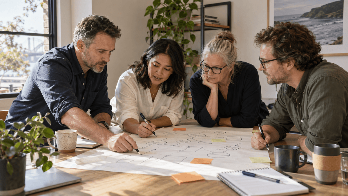Four colleagues gathered around a table mapping an AI workflow by hand on paper with sticky notes, Sydney Harbour Bridge visible through the window behind them