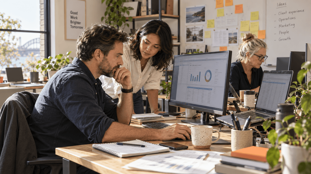 Two colleagues reviewing real dashboards and spreadsheets at a busy desk, with a whiteboard of workflow ideas in the background