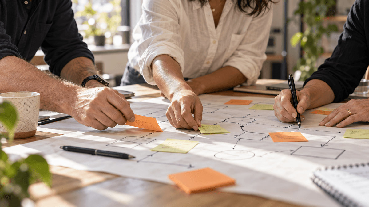 Close-up of hands placing sticky notes onto a hand-drawn workflow map to prioritise where AI should help first